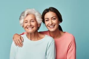 two women smiling, one is older and one is younger